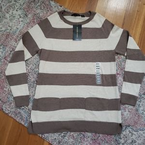 Jeanne Pierre Cream & Tan Striped Tunic Sweater